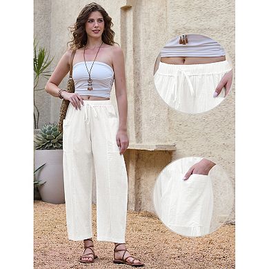 Wide Leg Pants for Women's Summer Casual Elastic Waist Drawstring Cotton Trousers with Pockets