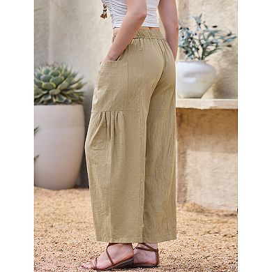 Wide Leg Pants for Women's Summer Casual Elastic Waist Drawstring Cotton Trousers with Pockets