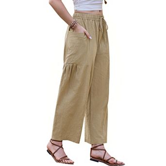 Wide Leg Pants for Women's Summer Casual Elastic Waist Drawstring Cotton Trousers with Pockets