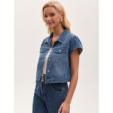 Women's Denim Jacket Cap Sleeve Cropped Button Down with Pockets Classic Jean Jackets