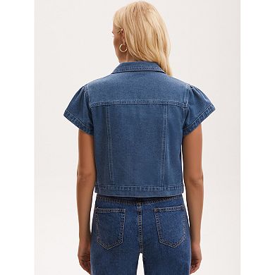 Women's Denim Jacket Cap Sleeve Cropped Button Down with Pockets Classic Jean Jackets