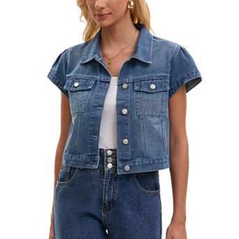 Women's Denim Jacket Cap Sleeve Cropped Button Down with Pockets Classic Jean Jackets