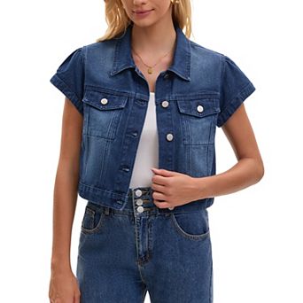 Women's Denim Jacket Cap Sleeve Cropped Button Down with Pockets Classic Jean Jackets