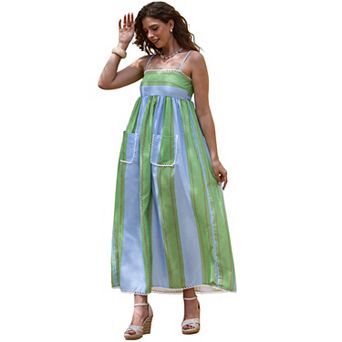 Striped Slip Maxi Dress for Women's Summer Vacation Beach Spaghetti Strap Dresses