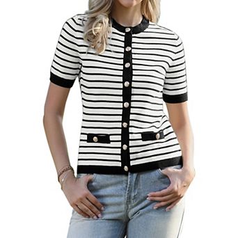 Striped Cardigan for Women's Short Sleeve Button Down Knitted Sweater Casual Crew Neck Tops