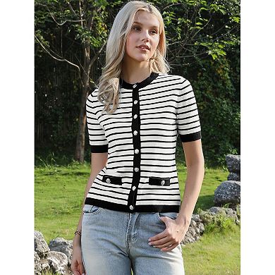 Striped Cardigan for Women's Short Sleeve Button Down Knitted Sweater Casual Crew Neck Tops