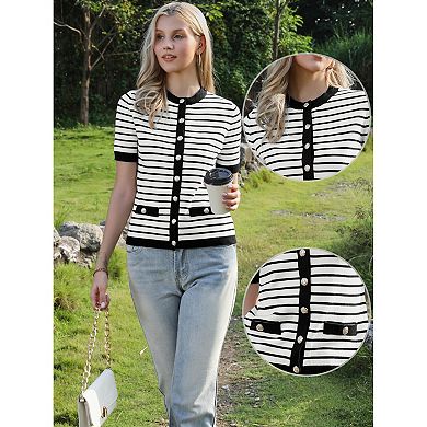 Striped Cardigan for Women's Short Sleeve Button Down Knitted Sweater Casual Crew Neck Tops