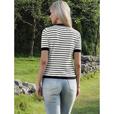 Striped Cardigan for Women's Short Sleeve Button Down Knitted Sweater Casual Crew Neck Tops