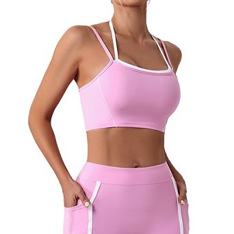2 in 1 Halter Neck Open Back Yoga Tank Top High Impact Sports Bra Buttery Soft Adjustable Straps
