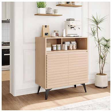 Fluted Mid Century Modern Sideboard Cabinet with Metal Legs - Buffet Storage Credenza