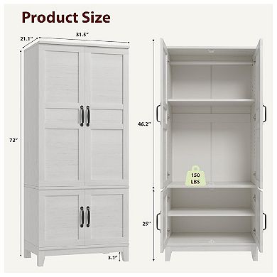 Armoire Wardrobe Closet with 4 Doors, Wooden Wardrobe Cabinet with Hanging Rod