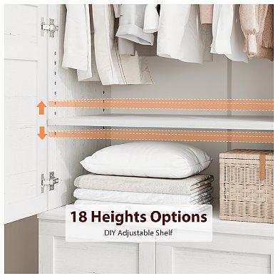 Armoire Wardrobe Closet with 4 Doors, Wooden Wardrobe Cabinet with Hanging Rod