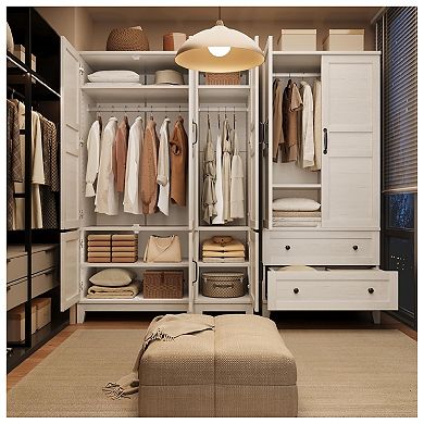 Armoire Wardrobe Closet with 4 Doors, Wooden Wardrobe Cabinet with Hanging Rod
