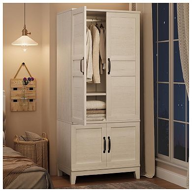 Armoire Wardrobe Closet with 4 Doors, Wooden Wardrobe Cabinet with Hanging Rod
