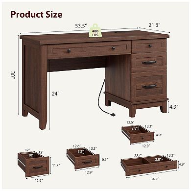 Executive Desk with Power Outlet, Home Office Desk with Drawers, Wooden Work Desk with File Cabinet