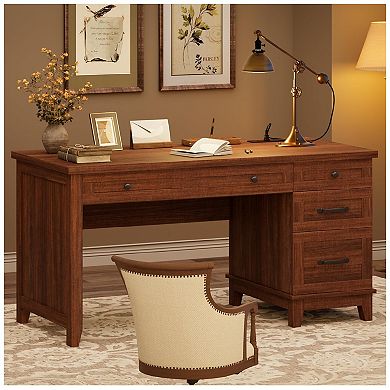 Executive Desk with Power Outlet, Home Office Desk with Drawers, Wooden Work Desk with File Cabinet