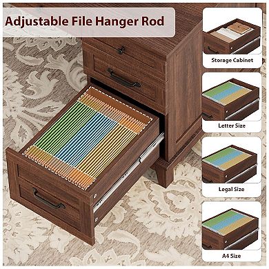 Executive Desk with Power Outlet, Home Office Desk with Drawers, Wooden Work Desk with File Cabinet