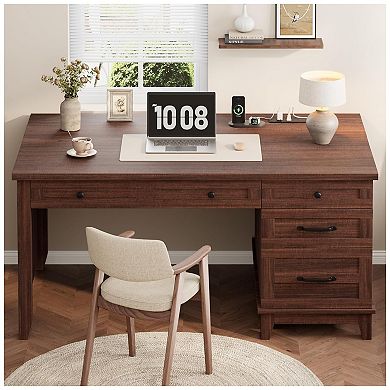 Executive Desk with Power Outlet, Home Office Desk with Drawers, Wooden Work Desk with File Cabinet