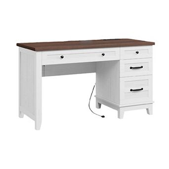 Executive Desk with Power Outlet, Home Office Desk with Drawers, Wooden Work Desk with File Cabinet