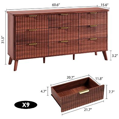 9 Drawers Dresser for Bedroom, Dressers with Curved Profile Design, Fluted Wood Drawers