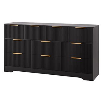 Fluted Dresser with Gold Handles, 10-Drawer Double Dresser Organizer, Modern Long Chest