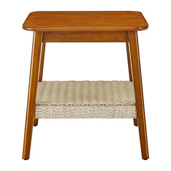 23 Inch Mid-Century Woven Shelf Side Table with Boho Storage
