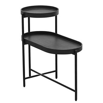 Black 2 tier Side Table with Metal Frame and Wooden Storage