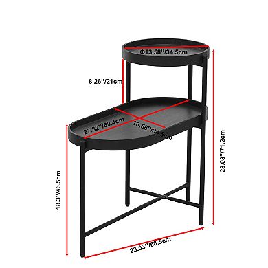 Black 2-Tier Side Table with Metal Frame and Wooden Storage