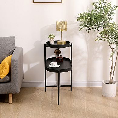 Black 2-Tier Side Table with Metal Frame and Wooden Storage