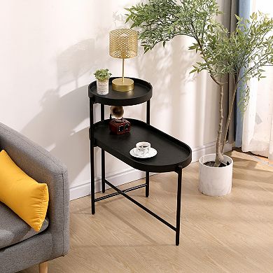 Black 2-Tier Side Table with Metal Frame and Wooden Storage