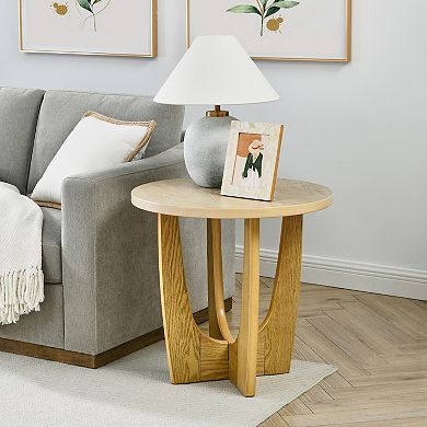 25 Inch Round Wooden End Table and Side Table in Oak
