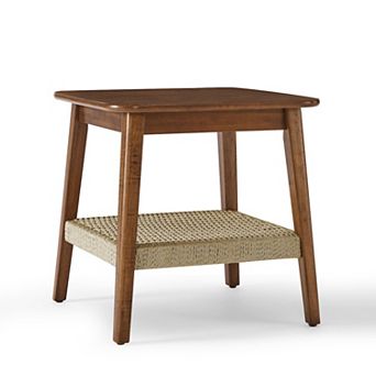 23 Inch Mid-Century Woven Shelf Side Table with Boho Storage in Dark Walnut