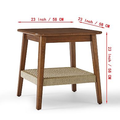 23 Inch Mid-Century Woven Shelf Side Table with Boho Storage in Dark Walnut