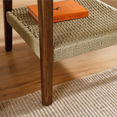 23 Inch Mid-Century Woven Shelf Side Table with Boho Storage in Dark Walnut