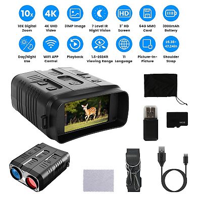 4K Night Vision Goggles 10X Zoom Binoculars with 2624ft Range, 3" Screen, WiFi, 64G Card