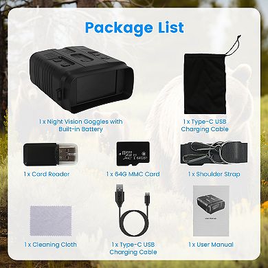 4K Night Vision Goggles 10X Zoom Binoculars with 2624ft Range, 3" Screen, WiFi, 64G Card