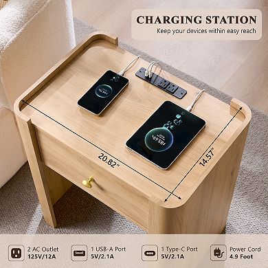 Nightstand with Charging Station Set of 2, Modern 23.6" Tall Wooden End Table with Drawer