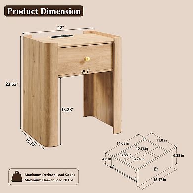 Nightstand with Charging Station Set of 2, Modern 23.6" Tall Wooden End Table with Drawer