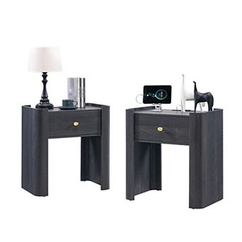 Nightstand with Charging Station Set of 2, Modern 23.6" Tall Wooden End Table with Drawer