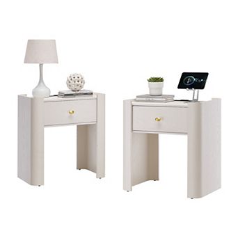Nightstand with Charging Station Set of 2, Modern 23.6" Tall Wooden End Table with Drawer