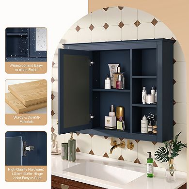 Bathroom Mirror Cabinet with 6 Open Shelves, Wall Mounted Medicine Cabinet