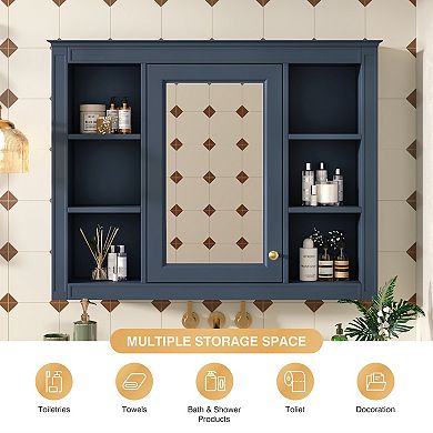 Bathroom Mirror Cabinet with 6 Open Shelves, Wall Mounted Medicine Cabinet