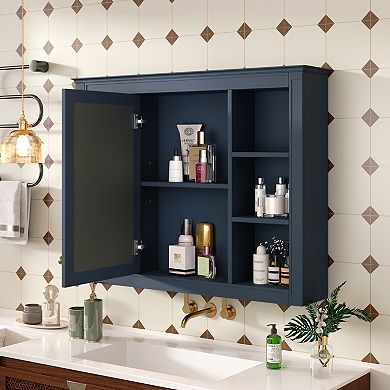 Bathroom Mirror Cabinet with 6 Open Shelves, Wall Mounted Medicine Cabinet