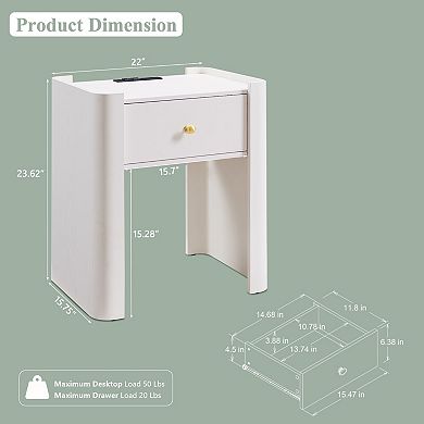 Nightstand with Charging Station, Modern 23.6" Tall Wooden Bedside Table with Drawer