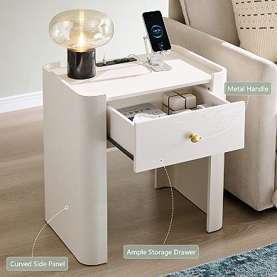Nightstand with Charging Station, Modern 23.6" Tall Wooden Bedside Table with Drawer