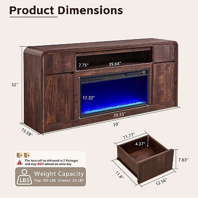 70" Modern Fireplace TV Stand with 2 Drawers & 2 Doors, Wood Media Console for TVs Up to 80"
