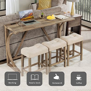 4 Piece Bar Table Set with Power Outlet and 3 Padded Stools