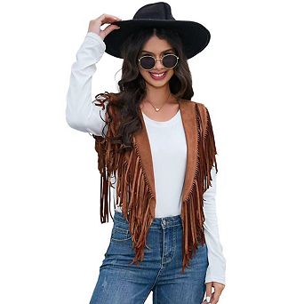 Women's Fringe Vest 70s western Hippie Faux Suede Sleeveless Costume Tassel Waistcoat