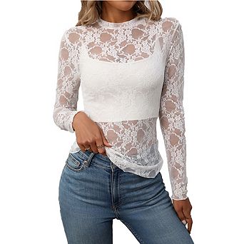 Women Shirt Sheer Floral Lace Mock Neck Long Sleeve Slim Fit Top