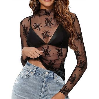 Women Shirt Sheer Floral Lace Mock Neck Long Sleeve Slim Fit Top